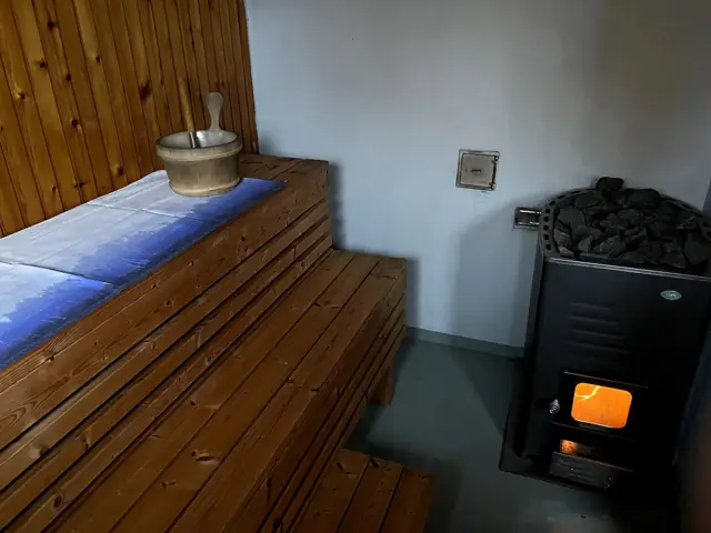 Wood-heated sauna with stove